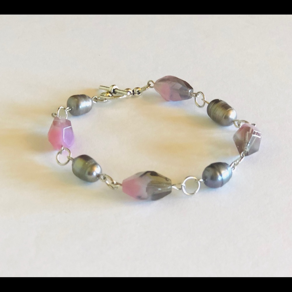 Pink Gray Art Glass & Pearl Silver Bracelet